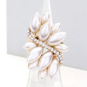Gold Cream Pearls Crystal Stretch Fashion Ring Rhinestone Finger Adjustable
